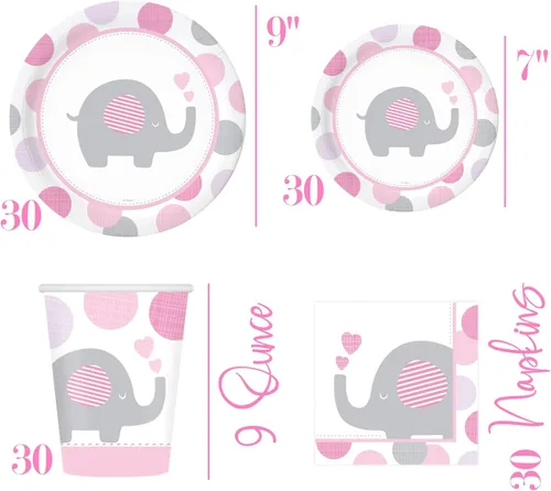 Miniatura 4 de Kit de suministros de fiesta de baby shower de elefante para 30 invitados: platos, vasos, servilletas, mantel de mesa, globos, linternas, remolinos
