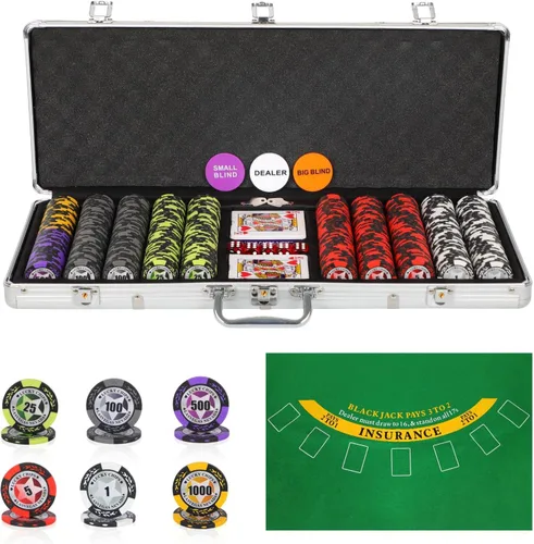ORIENGEAR Juego de fichas de póquer con denominaciones, 500 fichas de casino compuestas de arcilla de 0.49 oz con estuche de aluminio, 2 barajas de