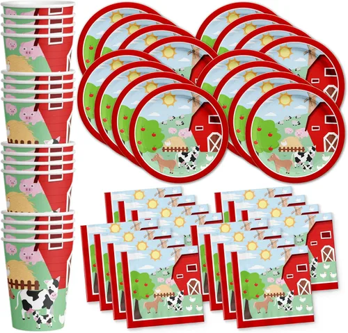 Set de artículos para fiesta de cumpleaños de animales de granja y granero, platos, servilletas, vasos y utensilios para 16 invitados Animales de