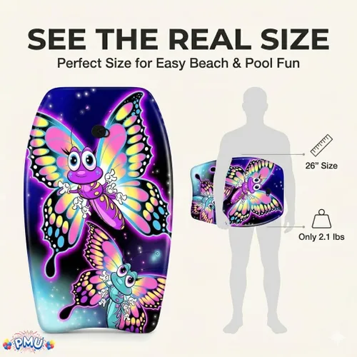 Miniatura 5 de PMU Bodyboard estampado con gráficos, correa de muñeca ligera, parte inferior lisa para playa, mar y piscina, tabla de surf para niños, adolescentes