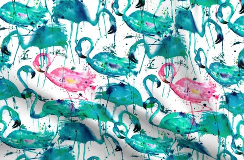 Spoonflower Tela: verde azulado, rosa, flamencos, salpicaduras, acuarela, pájaros, verano, tropical, estampado en tela de gasa de cuarto grueso,