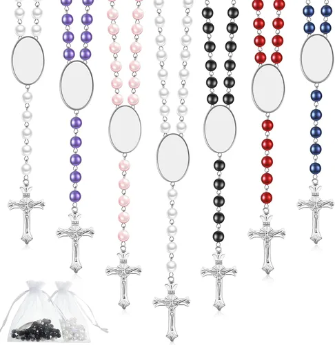 Miniatura 7 de Taiyin 24 juegos de rosario en blanco de sublimación coloridas cuentas de oración de transferencia de calor, collar de sublimación imprimible
