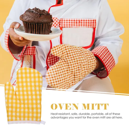 Miniatura 2 de 2 guantes de horno para niños para jugar a la cocina, guantes para horno de microondas, guantes de cocina para hornear, a cuadros amarillos