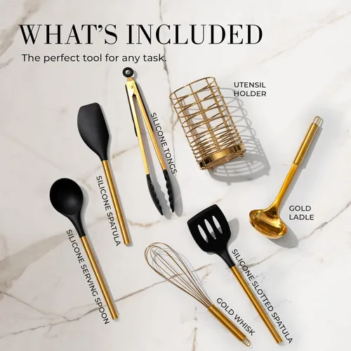 Miniatura 4 de Juego de utensilios de cocina negros y dorados, herramientas de cocina de silicona de 7 piezas con soporte dorado para utensilios de cocina 7 piezas