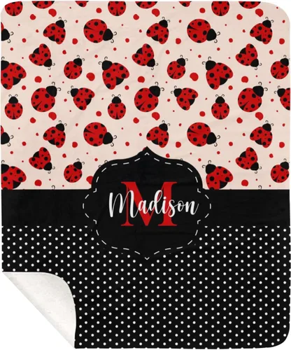 Miniatura 6 de Manta de forro polar con monograma y diseño de lunares negros con nombre para niñas que duermen con diseño de mariquita, 50 x 60 pulgadas, regalo