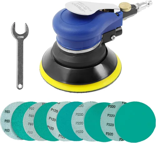 Miniatura 7 de Lijadora orbital aleatoria con manguera y bolsa para el polvo, lijadora de palma neumática con 10 papeles de lija para trabajo de carrocería