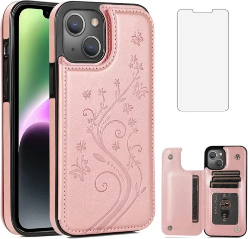Miniatura 9 de Funda compatible con iPhone 15 Plus de 6.7 pulgadas con protector de pantalla de vidrio templado y tarjetero con soporte para tarjetero, funda
