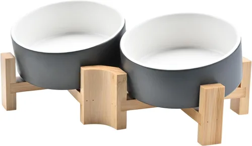 Miniatura 16 de SPUNKYJUNKY Cuenco de cerámica inclinado de 15° para perros y gatos con soporte de madera, cuenco inclinado para comida y agua para bulldog Blanco