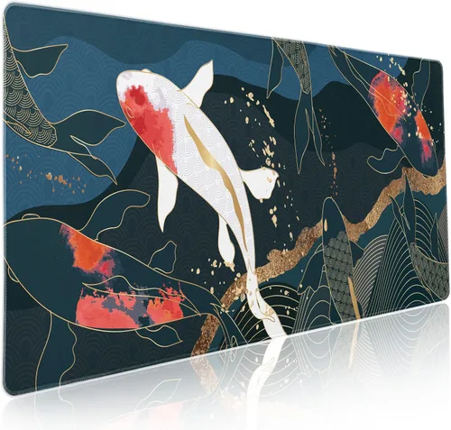 Miniatura 23 de Alfombrilla de mouse para juegos XL japonesa en negro y rojo con arte de peces koi, textura dorada, anime, borde cosido, base de goma antideslizante
