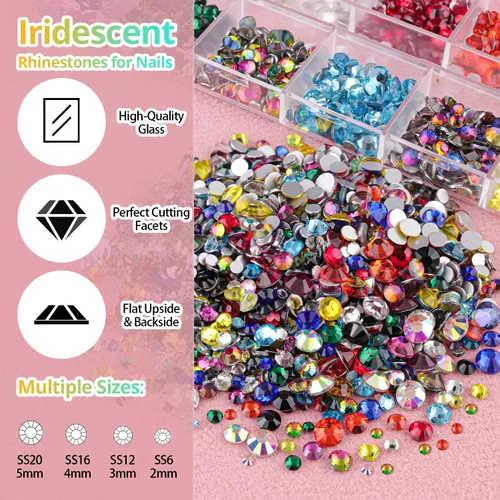 Miniatura 2 de Kit de gemas faciales redondas con parte trasera plana (colorido) para maquillaje con pegamento de secado rápido + cepillo + pinzas, diamantes