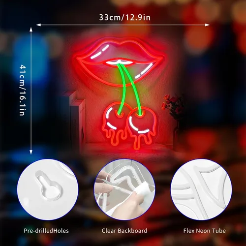 Miniatura 2 de Letrero de Neón de Labios de Cereza, Letreros de Neón para Decoración de Pared Letreros LED Rojos de Neón para Habitación Letreros de Neón Luminosos