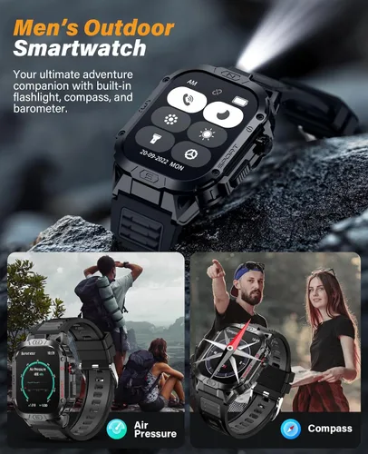 Miniatura 7 de SOUYIE Reloj inteligente militar para hombre para responder/hacer llamadas, reloj inteligente deportivo al aire libre de 2.02 pulgadas con linterna