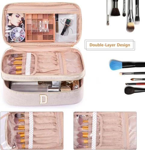 Miniatura 4 de AMOIGEE Organizador de Bolsa de Maquillaje con Inicial, Neceser Personalizado de Doble Capa, Bolsa de Aseo de Viaje para Brochas de Maquillaje