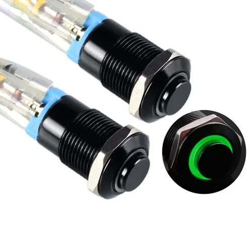 Miniatura 13 de 2 interruptores de botón de metal con pestillo de 0.472 pulgadas, cabeza elevada de 12 V-24 V, 4 pines de encendido y apagado, 1 no, carcasa negra