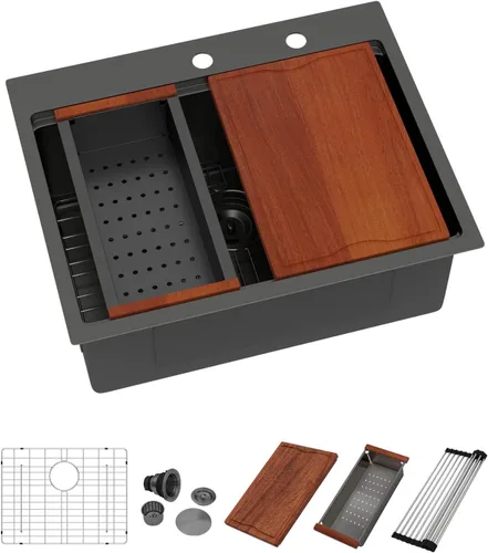 Miniatura 17 de Dcolora 33x22 Fregadero de cocina de acero inoxidable de 16 calibres, estación de trabajo de caída, fregadero de cuenco único grande, montaje