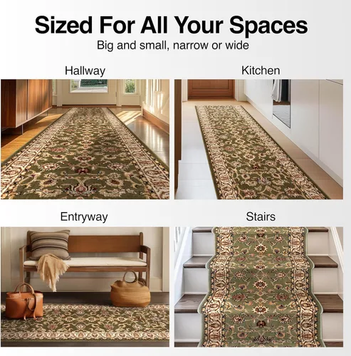 Miniatura 2 de Well Woven alfombra para pasillos y escaleras de tamaño personalizado - Elija la longitud que desee - Noble Sarouk Verde Oriental de 27 pulgadas