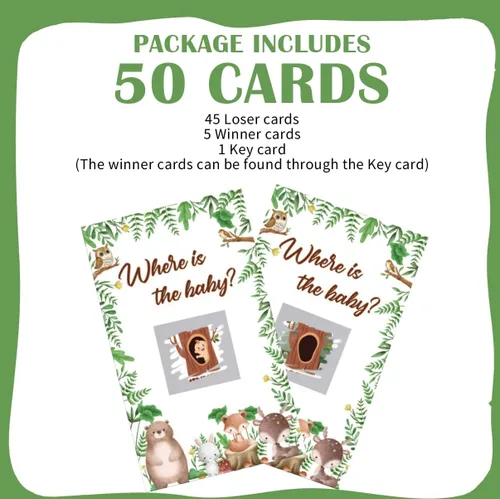 Miniatura 4 de Juego de rascar para baby shower, 50 tarjetas con el tema ¿Dónde está el bebé? Juegos YoungFun con adorables animales del bosque para revelaciones