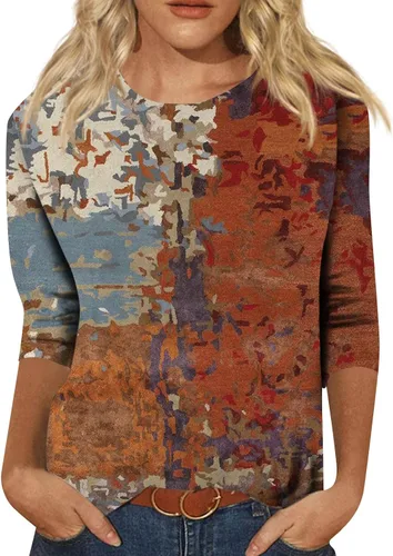 Miniatura 40 de Camisetas de manga 3/4 para mujer, cuello redondo, holgadas, casuales, con estampado floral, camisetas de moda para el trabajo de negocios