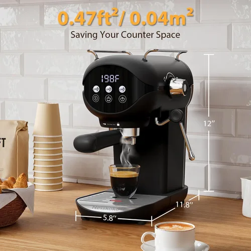 Miniatura 5 de Cafetera Espresso con espumador de leche a vapor semiautomática de 20 bares, diseño compacto en negro con interruptor de palanca para café espresso