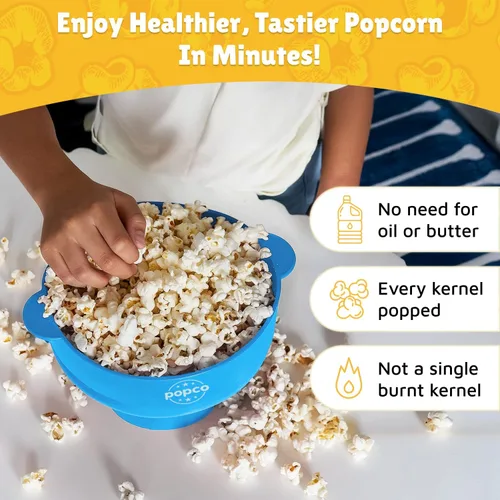 Miniatura 2 de POPCO Máquina de Palomitas de Silicona - Recipiente para Hacer Palomitas en Microondas - Tazón Plegable, Resistente al Calor, Fácil de Limpiar, Azul