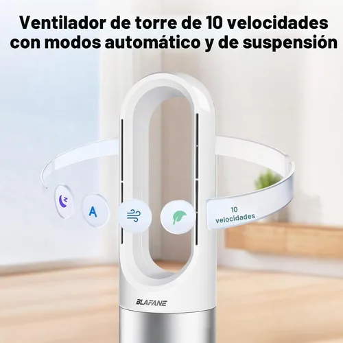 Miniatura 3 de Ventilador de torre sin aspas de 22 pulgadas, oscilación de 80°, temporizador de 9 horas, 10 velocidades, control táctil remoto, fácil de limpiar