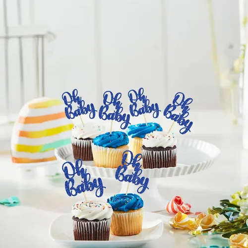 Miniatura 4 de Gyufise 36 piezas Oh Baby Cupcake Toppers Glitter Baby Shower Oh Baby Cupcake Picks para revelación de género Baby Shower Niños Niñas Fiesta de Azul