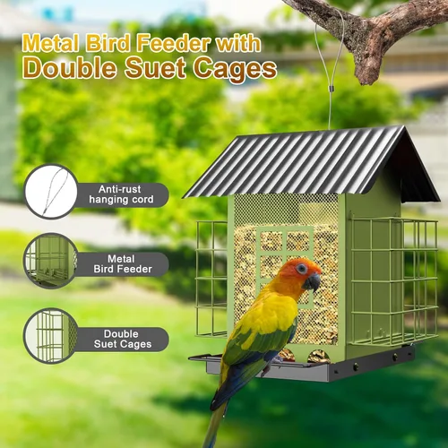 Miniatura 2 de FlowaFoli Comederos para pájaros para colgar al aire libre, comedero de metal para pájaros con doble jaula de sebo para pasteles, gran capacidad