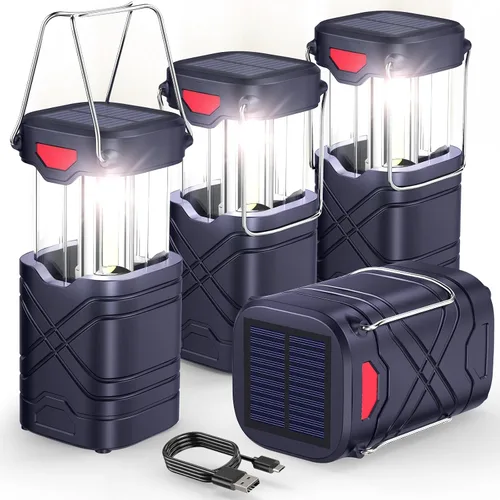 Miniatura 8 de LETMY Paquete de 4 linternas de camping, linternas LED recargables, linternas de huracán alimentadas por batería solar con 3 formas de alimentación