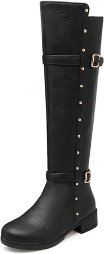 Botas De Motociclista De Talla Grande Para Mujer, Botas Con Cremallera Lateral Y Hebilla De Tacón Alto Y Bajo Hasta La Rodilla, Botas De Moto De