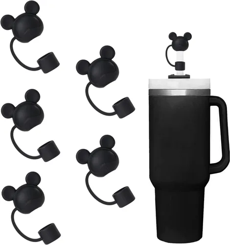 5 fundas de popote de oso negro compatibles con vasos Stanley de 30 y 40 onzas, reutilizables, bonitas puntas de popote de silicona, protectores