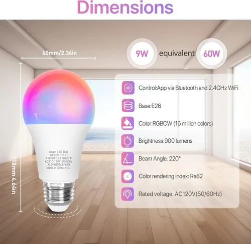 Miniatura 2 de ORALUCE Bombilla inteligente compatible con Alexa y Google Home, bombilla LED A19 E26 equivalente a 60 W, WiFi de 2.4 GHz y Bluetooth que cambia