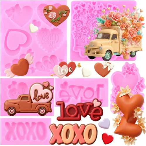 Mujiang Moldes de silicona para el día de San Valentín, diseño de corazón y rosa, para caramelo de chocolate XOXO, para decoración de pasteles,