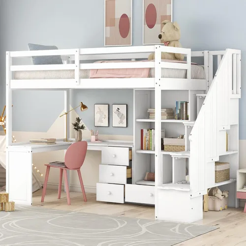 Miniatura 10 de Quarte Cama tipo loft única con cajones de almacenamiento y escaleras, cama alta de madera tamaño individual con estantes y barandillas, para niños