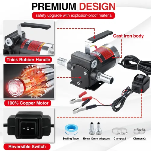 Miniatura 2 de TOPWAY Bomba de combustible de gasolina de 12 V CC, bomba de transferencia de aceite autocebante de 3.7 GPM con mango, bombeo reversible, protección