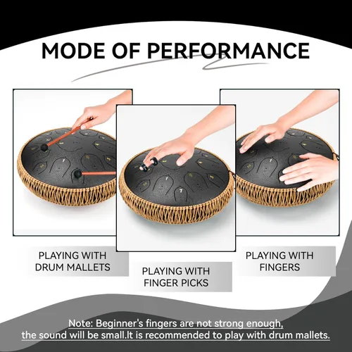 Miniatura 5 de Tambor de Lengua de Acero - 15 Notas Tambor de Acero - Instrumento de Tambor Handpan de 14 Pulgadas con Libro de Música, Mazos para Instrumentos
