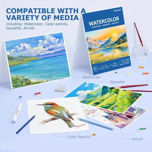 Miniatura 6 de Pacocoast Bloc de papel de acuarela, 9 x 12 pulgadas (300 gsm/140 libras) de prensa en frío, cuaderno de bocetos de color de agua, 20 hojas.