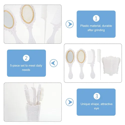 Miniatura 6 de FOMIYES Juego de peine de espejo de mano vintage: 5 piezas de peine de dientes anchos cosméticos para niñas, espejo de mano con flor en relieve