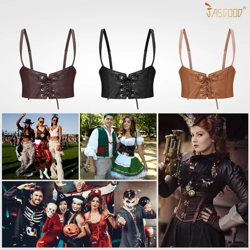 Miniatura 7 de JASGOOD Cinturón de piel sintética para mujer, cinturón de corsé Steampunk para Halloween