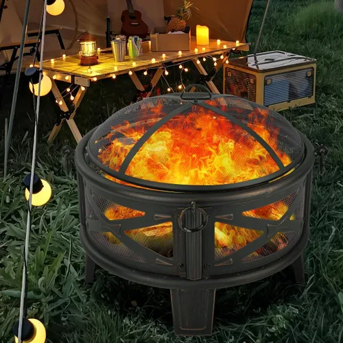 Miniatura 4 de Breezz Fogata de leña de 26 pulgadas con parrilla de cocina y pantalla de chispas, hoguera redonda de metal para exteriores, patio, fiesta