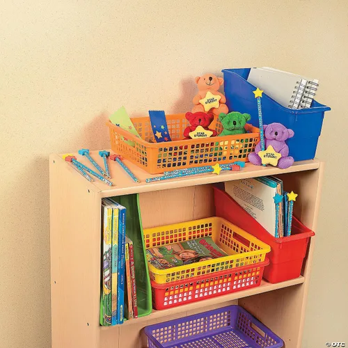 Miniatura 5 de Fun Express Contenedores apilables de almacenamiento de 13 x 9.75 x 3 pulgadas, paquete de 6 cestas de almacenamiento de plástico coloridas con asas