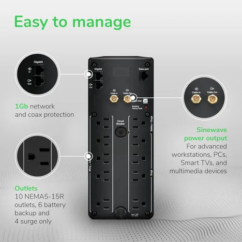 Miniatura 3 de APC Back-UPS Pro Sine Wave UPS, 1500VA/900W, compatible con PFC activo, AVR, LCD, 10 tomacorrientes, puerto de carga USB-C BR1500MS2 Fuente