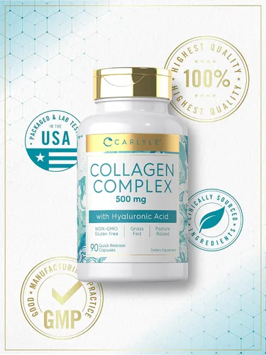 Miniatura 5 de Carlyle Pastillas de colágeno con ácido hialurónico 500 mg 90 cápsulas Colágeno hidrolizado tipo 1 y 3 Suplemento sin OMG, sin gluten
