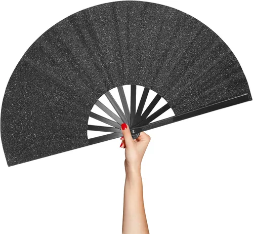 Ventilador de mano plegable grande para rave, ventilador de estallido para baile de línea, ventilador plegable para exteriores, boda, fiesta, Negro