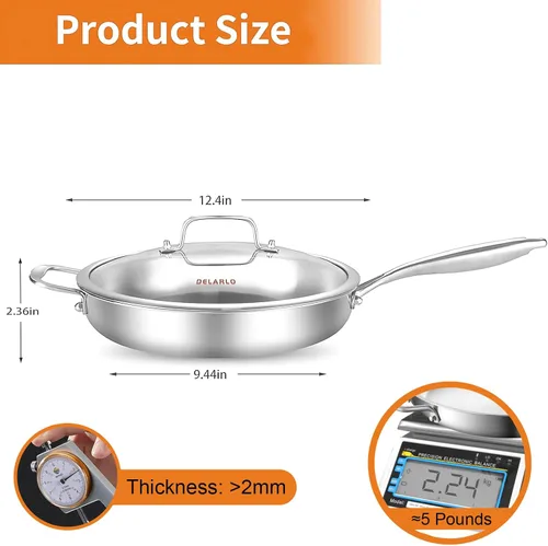 Miniatura 4 de DELARLO Sartén de acero inoxidable de tres capas con tapa de 12 pulgadas, compatible con todas las estufas de hasta 600 ℉, sartén de acero