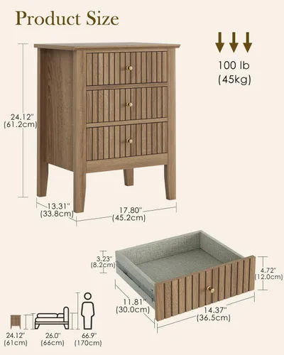 Miniatura 2 de Mesita de noche acanalada, mesa auxiliar de granja con 3 cajones, mesa auxiliar de acento lateral estilo Mid Century Modern, mesita de noche