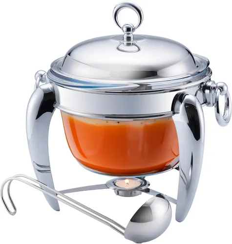 Miniatura 6 de Juego de bufé de 3 cuartos de galón Calentadores de alimentos para fiestas, bufé, plato de vidrio apto para horno con base y cubierta de acero