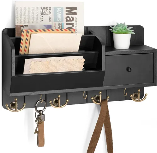 Rebee Vision Soporte de pared para llaves con clasificador de correo, organizador de correo decorativo para pared con ganchos para llaves y