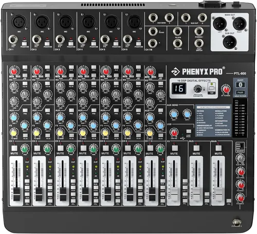 Mezclador de audio profesional de 8 canales, tablero mezclador de sonido Phenyx Pro DJ con auxiliar flexible, bus y sub enrutamiento, 16 DSP,
