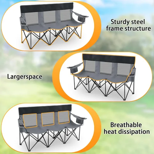 Miniatura 6 de Teenyyou Silla de camping para 3 personas, silla de playa plegable de gran tamaño con soporte para tazas refrigerador, bolsa trasera de malla Gris