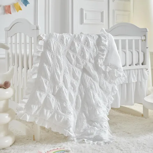 Miniatura 6 de Juego de ropa de cama para cuna pequeña con volantes, edredón acolchado bohemio con sábana bajera y falda de cama, ropa de cama de sirsaca suave